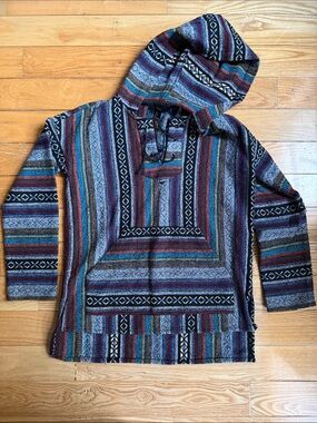 Forever 21 Striped Hooded Pullover in Black with Teal & Burgundy Accents